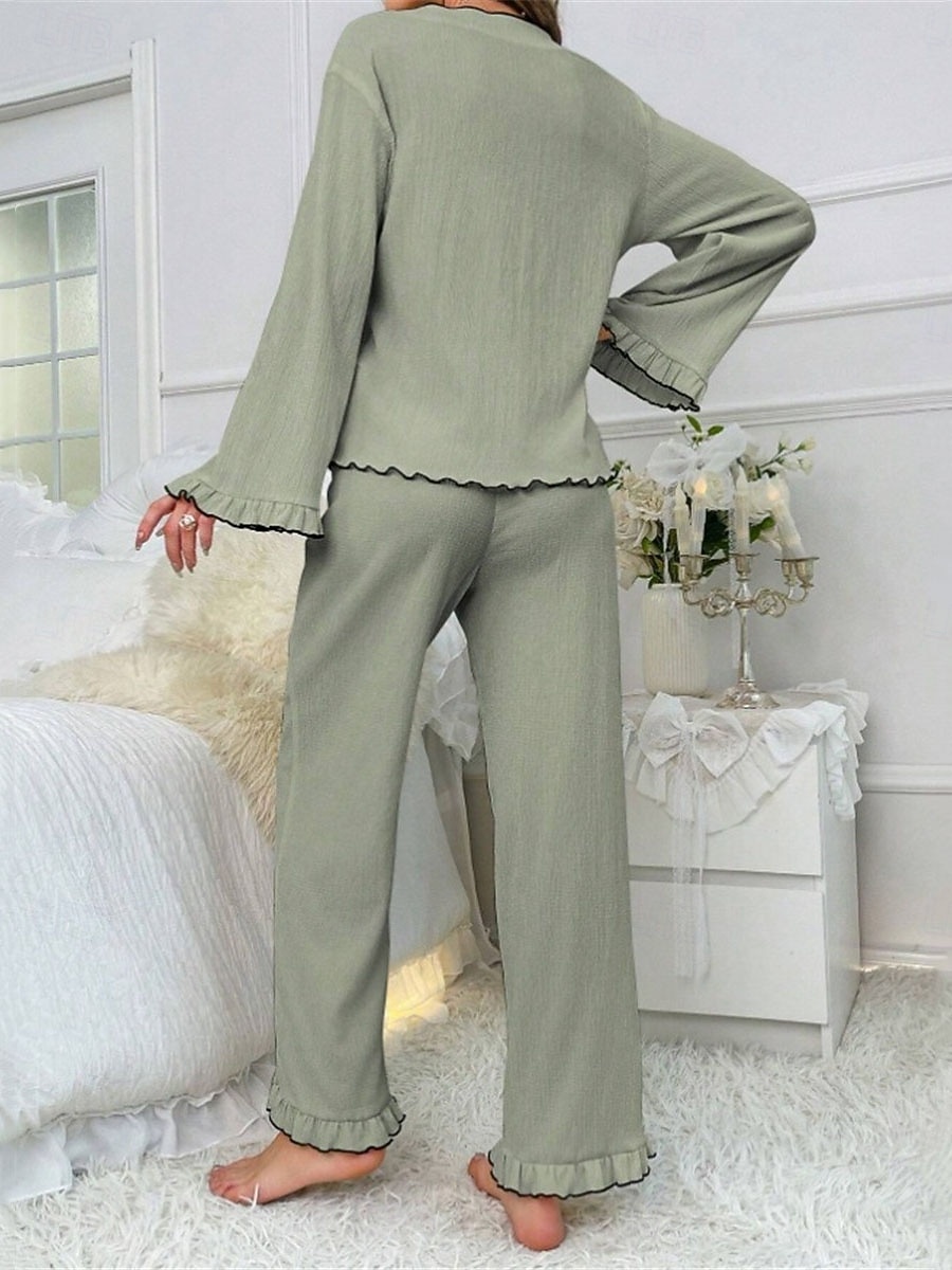 Conjunto de pijama feminino cor pura conforto casual casa conforto diário quente decote em v manga comprida camisa calça cintura elástica outono inverno roupas para casa de 2025 por $32.99 -P6