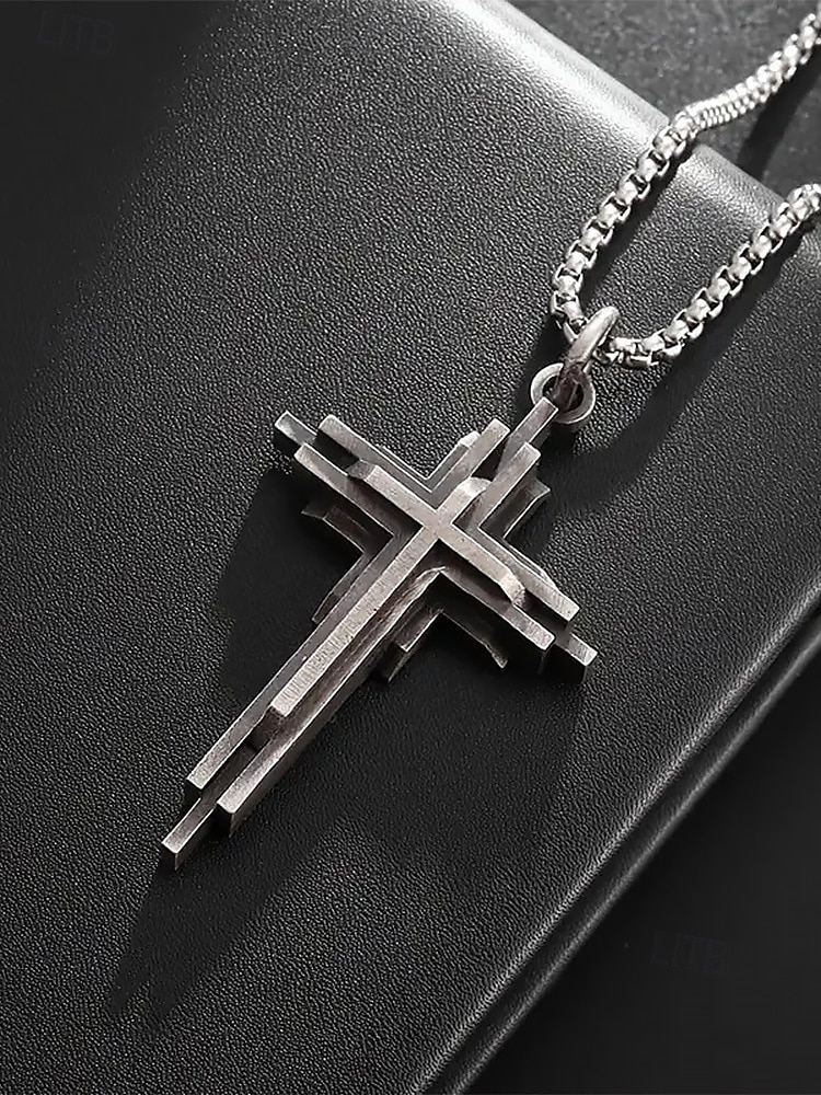 collana con ciondolo a croce a strati in acciaio inossidabile da uomo - gioielli religiosi in stile gotico per abbigliamento casual e formale del 2025 a $11.99 –P2