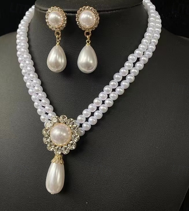 Conjunto de gargantilla de perlas vintage para mujer con colgante de diamantes de imitación: elegante joyería de perlas en capas para bodas y eventos formales 2026 - $16.99 –P2