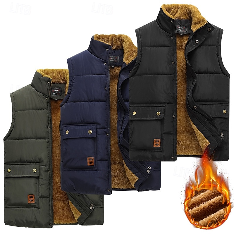 Homme Gilet matelassé Gilet polaire Gilet du quotidien Rendez-vous Vacances Mode Décontractées Automne hiver Poche Polyester Chaud Confortable Couleur unie Cachée Boutonné devant Mao Standard Noir de 2025 ? $42.99 –P1