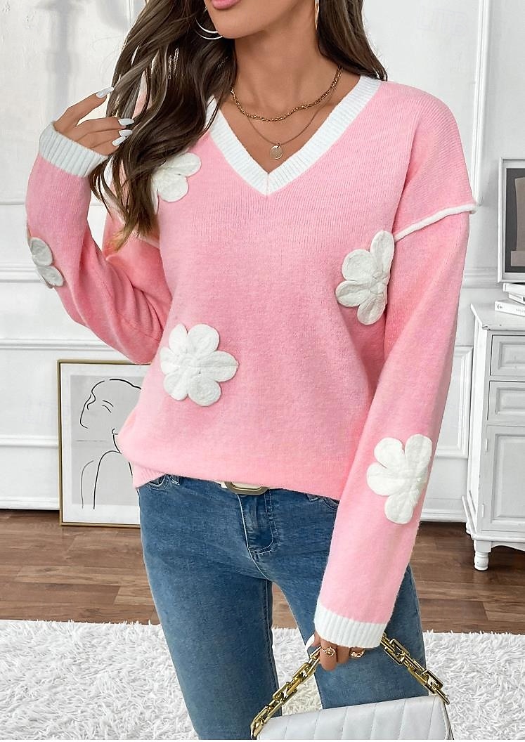 Women's Sweater Crew Neck Knit Embroidery Spring Fall Elegant 3/4 Length Sleeve Solid Color Pink 2025 - $61.99 –P4