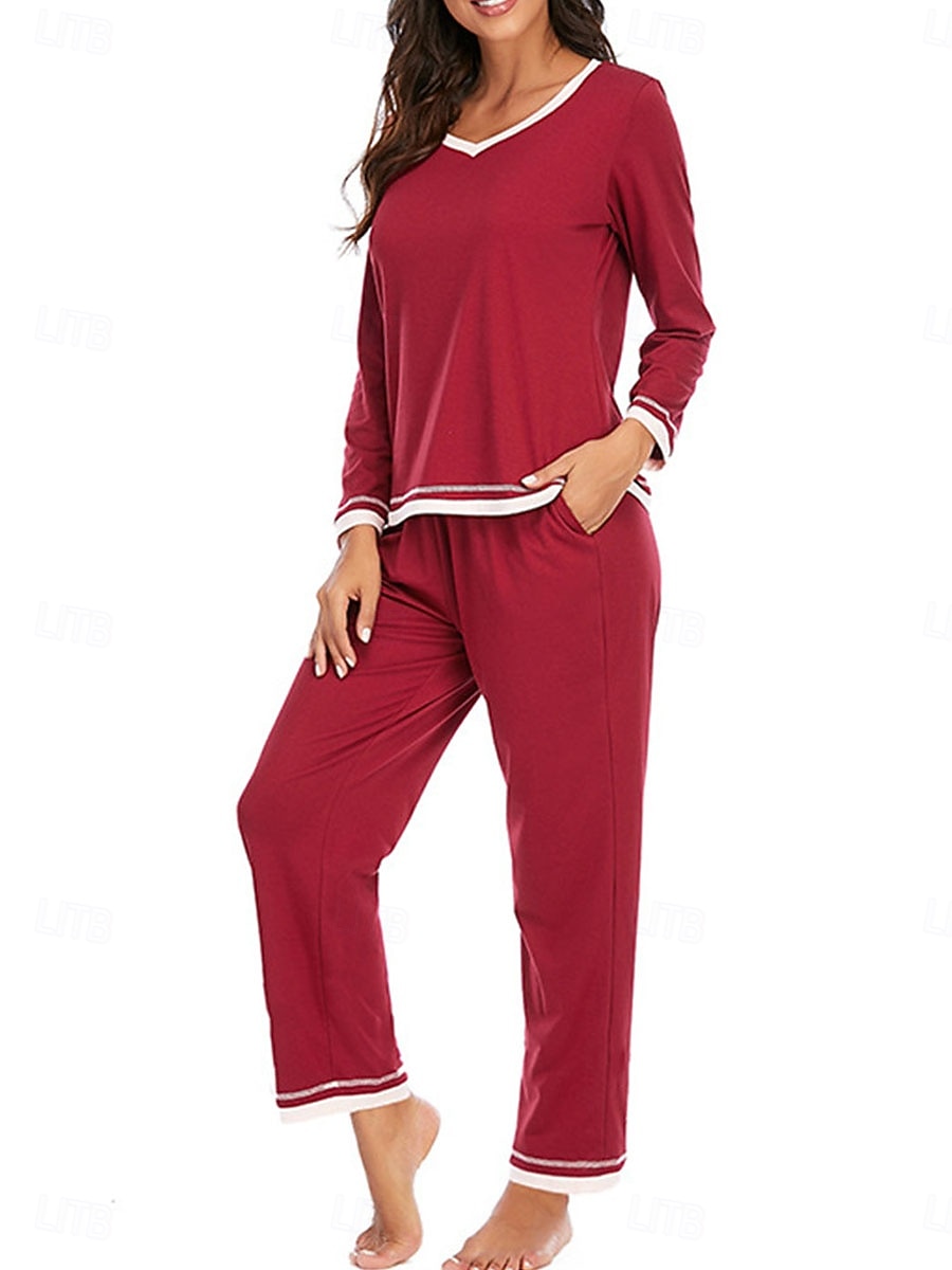 set de pijamale de damă culoare pură casual confort acasă zilnic confort din bumbac cald cu gâtul turnat tricou cu mânecă lungă pantaloni talie elastică ținute de toamnă iarnă acasă 2026 - $41.99 –P3