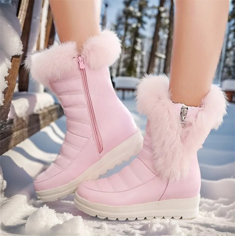 Dámské Boty Sněhule Venkovní Denní Pevná barva Podšité fleecem Kotníkové boty Booties Rovná podrážka Oblá špička Na běžné nošení Pohodlné Umělá kožešina Zip Černá Bílá Růžová 2025 - $64.99 –P1