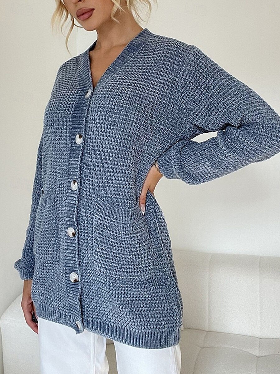 Women's Sweater Cardigan Casual Soft Pure Color Ribbed V Neck Buttons Pocket Knitted Long Sleeve Long Tops Knit Outdoor Daily Weekend Pink Blue Fall Winter 2025 - $52.99 –P7