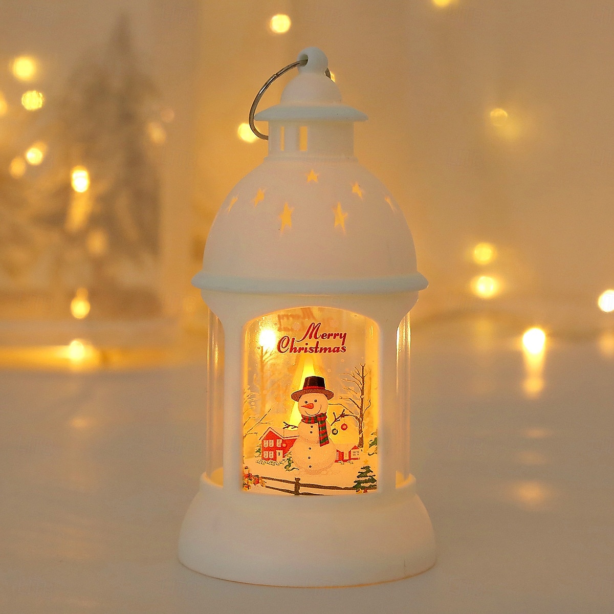 jul retro slott led levande ljus, batteridriven tomte  & snögubbe lykta festlig inredning för jul, nyår  & träd prydnad 2025 - $9.49 –P8