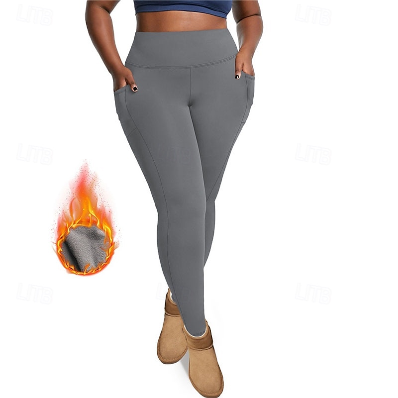 Dam Yogabyxor Fleecefodrade Leggings Yoga leggings med telefonficka Hög midja Pilates Gymträning Träna Trikåer Ensfärgat Mörkgrå Svart Vinröd Elastan Skinna Höst Vinter Plusstorlekar sporter 2026 - $16.49 –P15