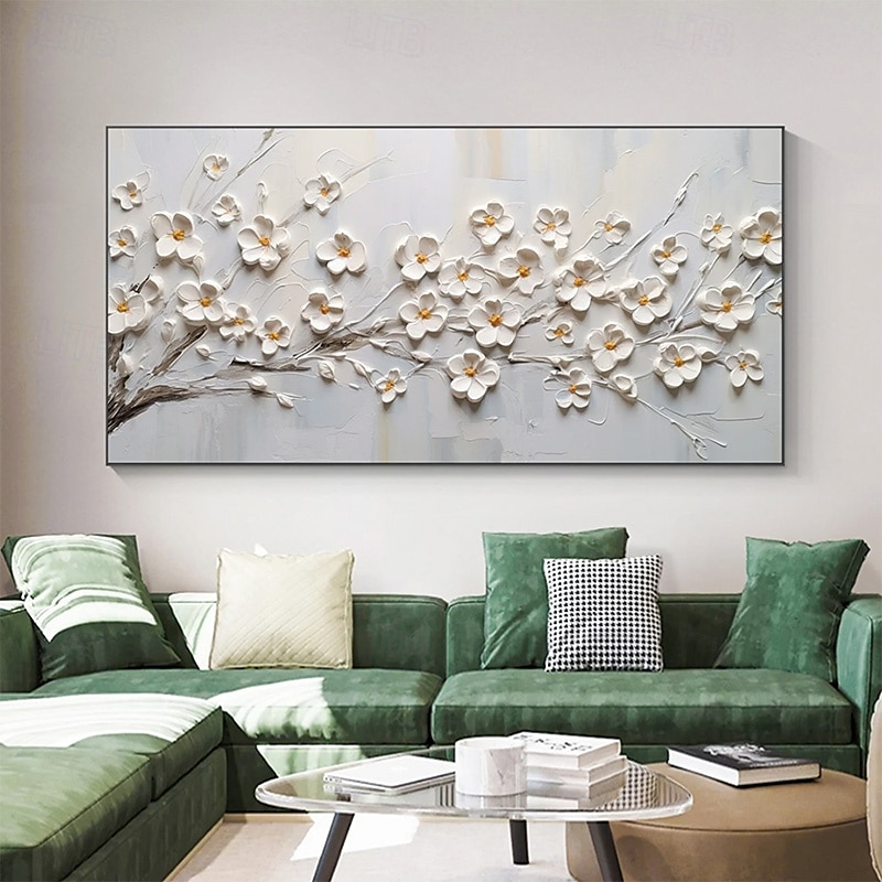 handmåla 3d blomma oljemålning på duk vit körsbärsblomma stor väggkonst palettkniv målning texturerad akrylmålning handgjord konst utan ram 2025 - $116.99 –P5