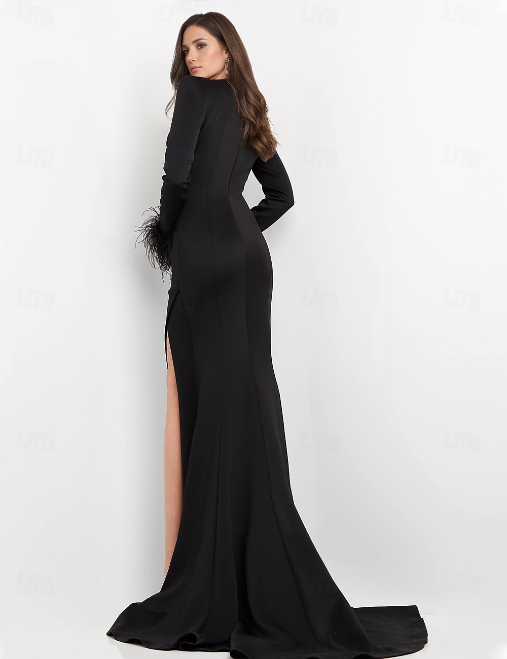 Black Dress Sheath Evening Gown Elegant Dress Tuxedo Dress Formal Floor Length Long Sleeve V Neck Pocket Stretch Crepe with Feather 2025 - $179.99 –P2
