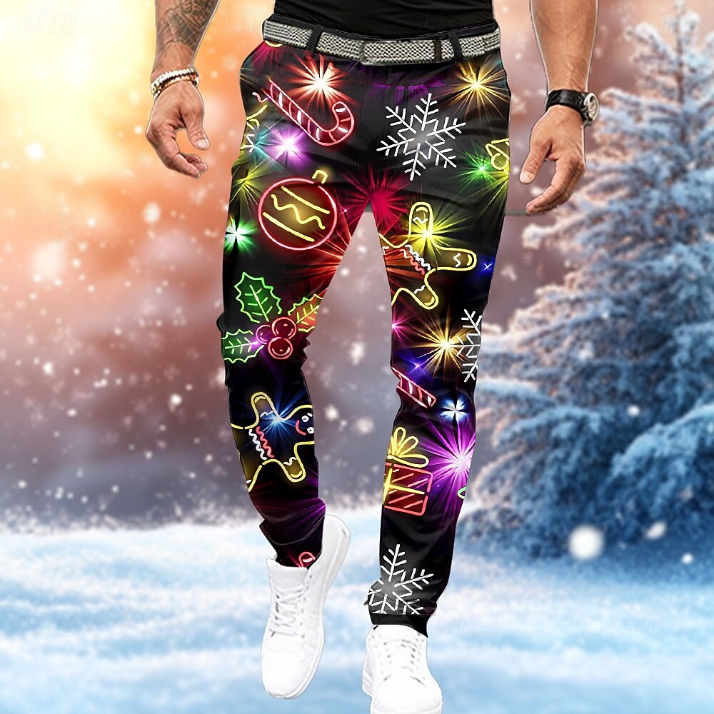 pantaloni stampati da uomo con scena natalizia, fiocco di neve, pan di zenzero, brutti, casual, tasca con cerniera, vita media, festa, abbigliamento quotidiano, vacanza, estate, primavera, autunno, del 2026 a $39.99 –P1