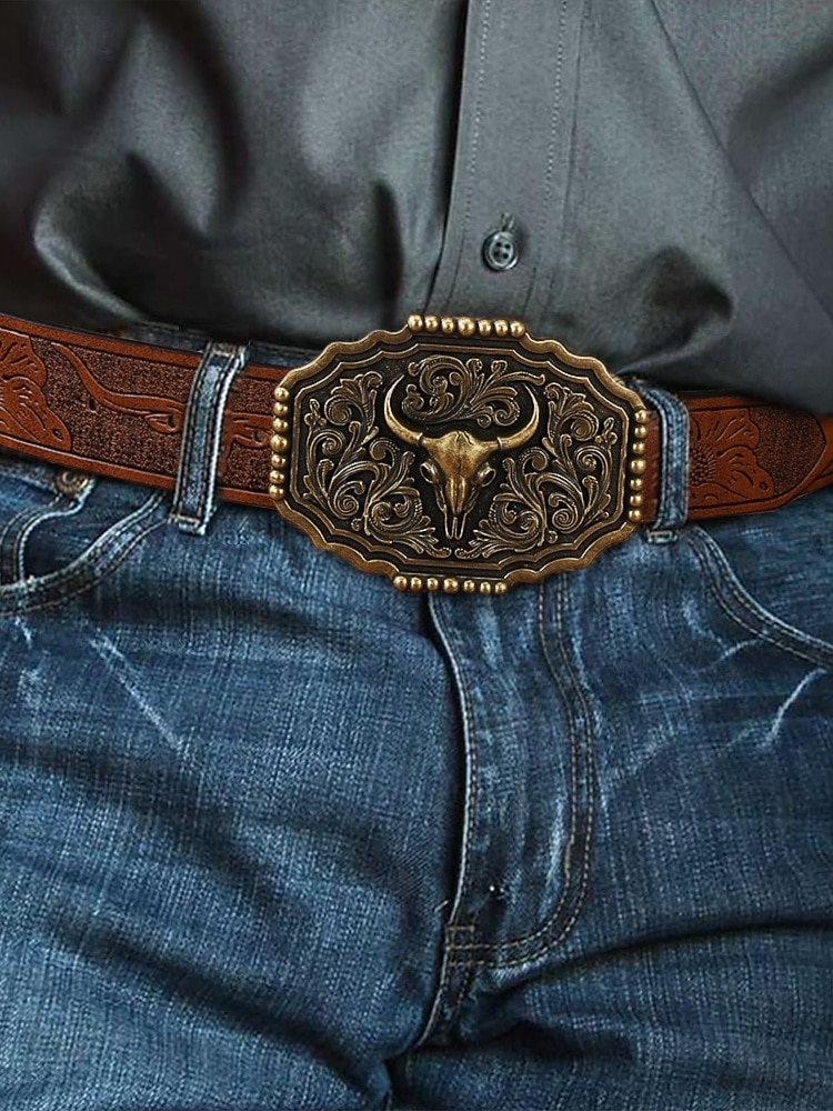 Men's Western Faux Leather Belt with Embossed Floral Design and Bull Head Buckle – Vintage Cowboy Style 2025 - $19.99 –P2