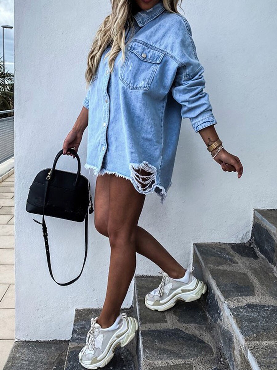 Dam Jeansjacka Utomhus Gata Dagliga kläder Höst Vinter Normal Täcka Normal Håller värmen Andningsfunktion Stylish Ledigt Jacka Långärmad Ensfärgat Med fickor Ljusblå 2025 - $57.99 –P3