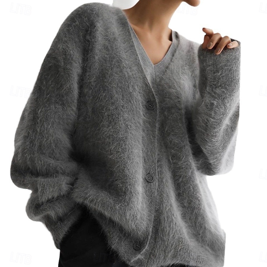 dam oversize cardigan fuzzy v-ringad stickad höst vinter arbete helg elegant mode streetwear långärmad enfärgad rosa ljusgrå 2025 - $52.99 –P6