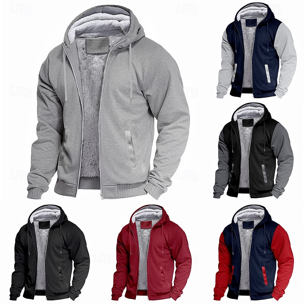 Men's Zip Hoodie Sweatshirt Fleece Hoodie Thick Hoodies Navy Blue+Light Gray Dark Gray+Black Black Red Navy Blue Hooded Plain Work Sports & Outdoor Casual Streetwear Basic Casual Spring & Fall 2025 - $37.99 –P1