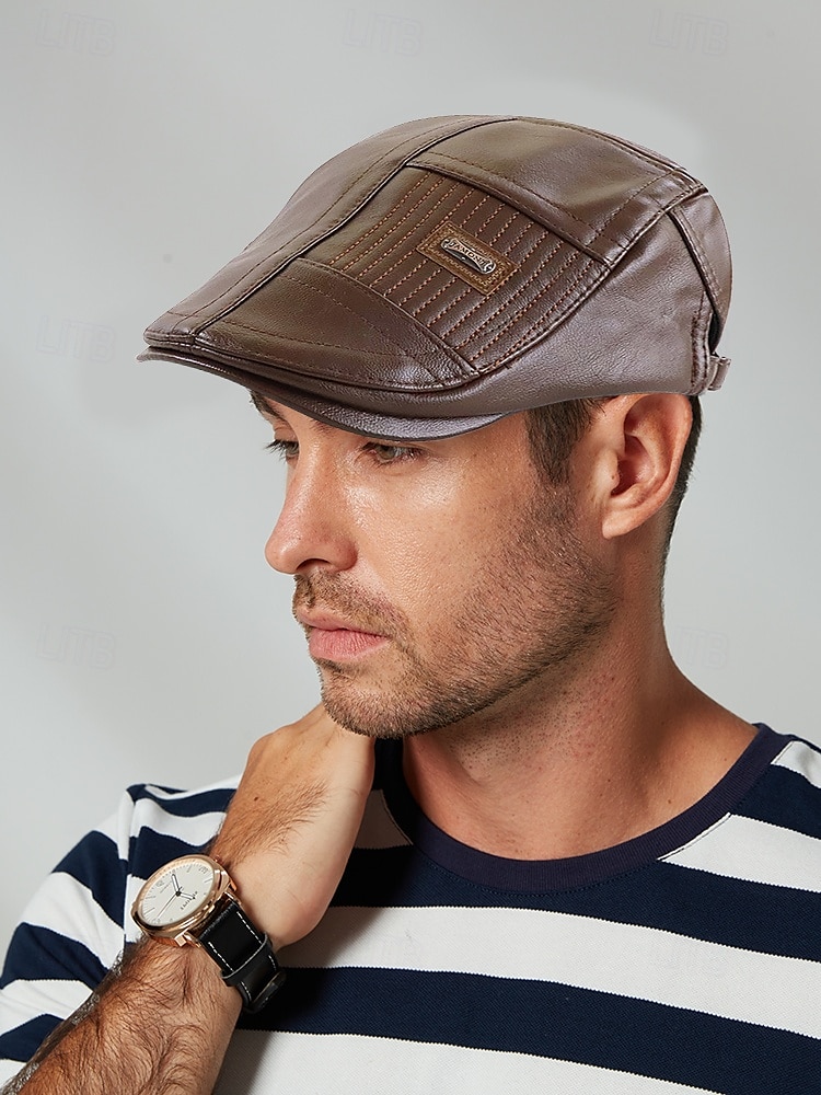 Men's Faux Leather Newsboy Cap with Classic Stitching Detail, Vintage Flat Cap for Casual and Outdoor Wear 2025 - $18.99 –P1