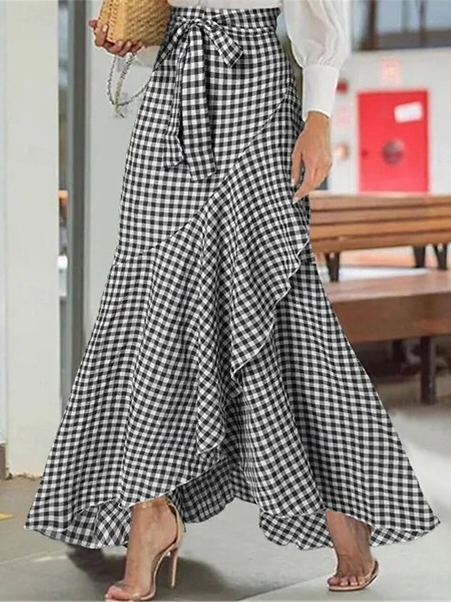 gonna da donna tromba / sirena gonne lunghe volant plaid strada quotidiano moda invernale casual nero giallo blu navy del 2025 a GBP £21 –P1
