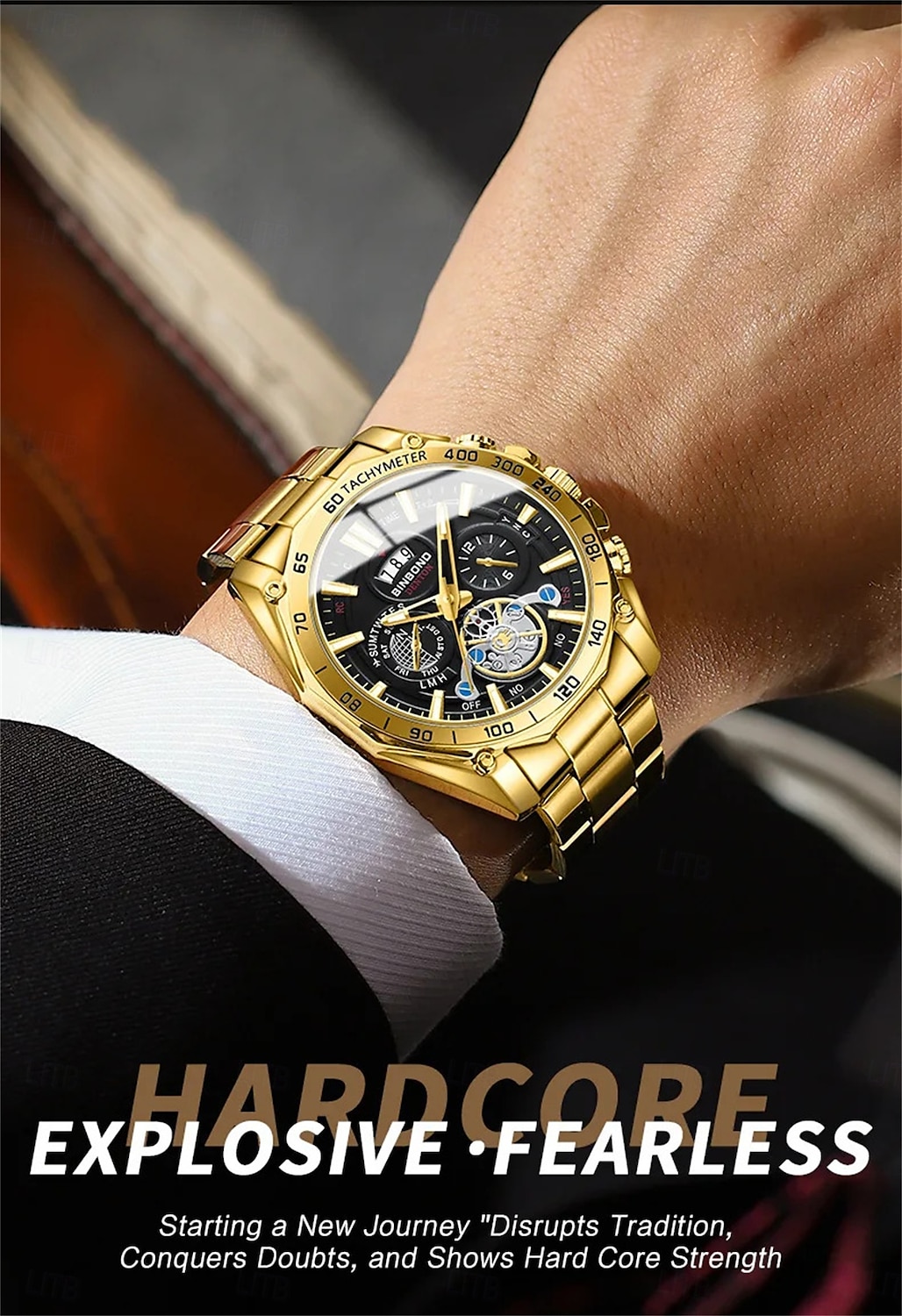 BINBOND Luxury Gold Watch Men Round Japan Quartz stainless steel Waterproof Sports Automatic Date Wrist Quartz Watch B4750 2025 - $25.99 –P2