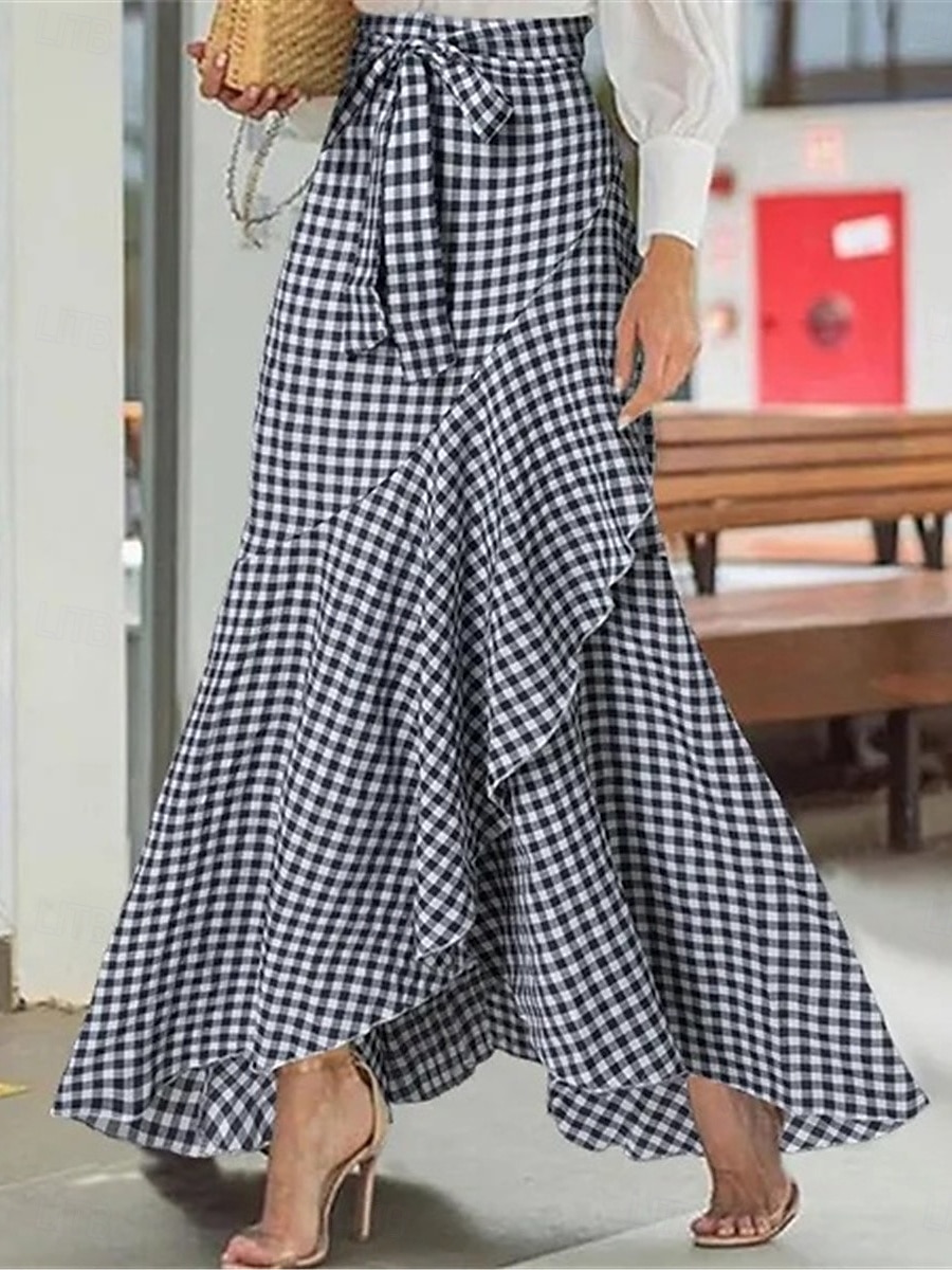 gonna da donna tromba / sirena gonne lunghe volant plaid strada quotidiano moda invernale casual nero giallo blu navy del 2025 a GBP £21 –P2