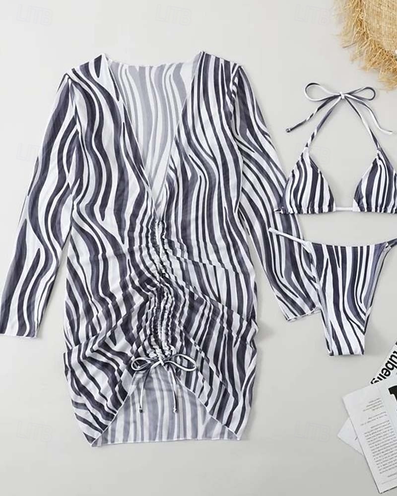 Dame Badetøy Bikini Tre stykker Frekk Badedrakt Åpen rygg Tynn Ferie Strand Klær Sebramønster Grimehals Langermet Badedrakter 2025 - $32.99 –P3