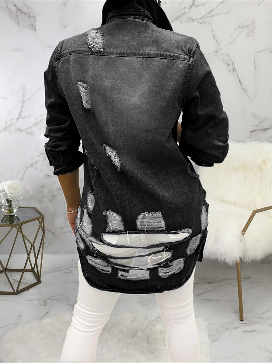 Dam Jeansjacka Utomhus Gata Dagliga kläder Höst Vinter Normal Täcka Normal Håller värmen Andningsfunktion Stylish Ledigt Jacka Långärmad Ensfärgat Med fickor Ljusblå Svart Marinblå 2025 - $62.99 –P6