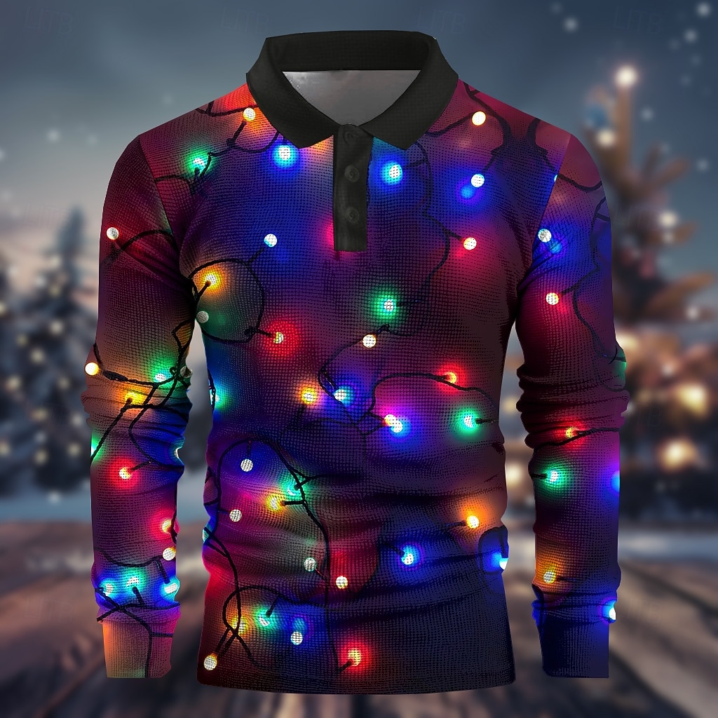 natal masculino natal luz 3d polo lanternas engraçado waffle manga longa festa noite ano novo camisas primavera outono inverno botão 3d impressão colarinho multi cor micro-elástico poliéster de 2025 por $24.99 –P2