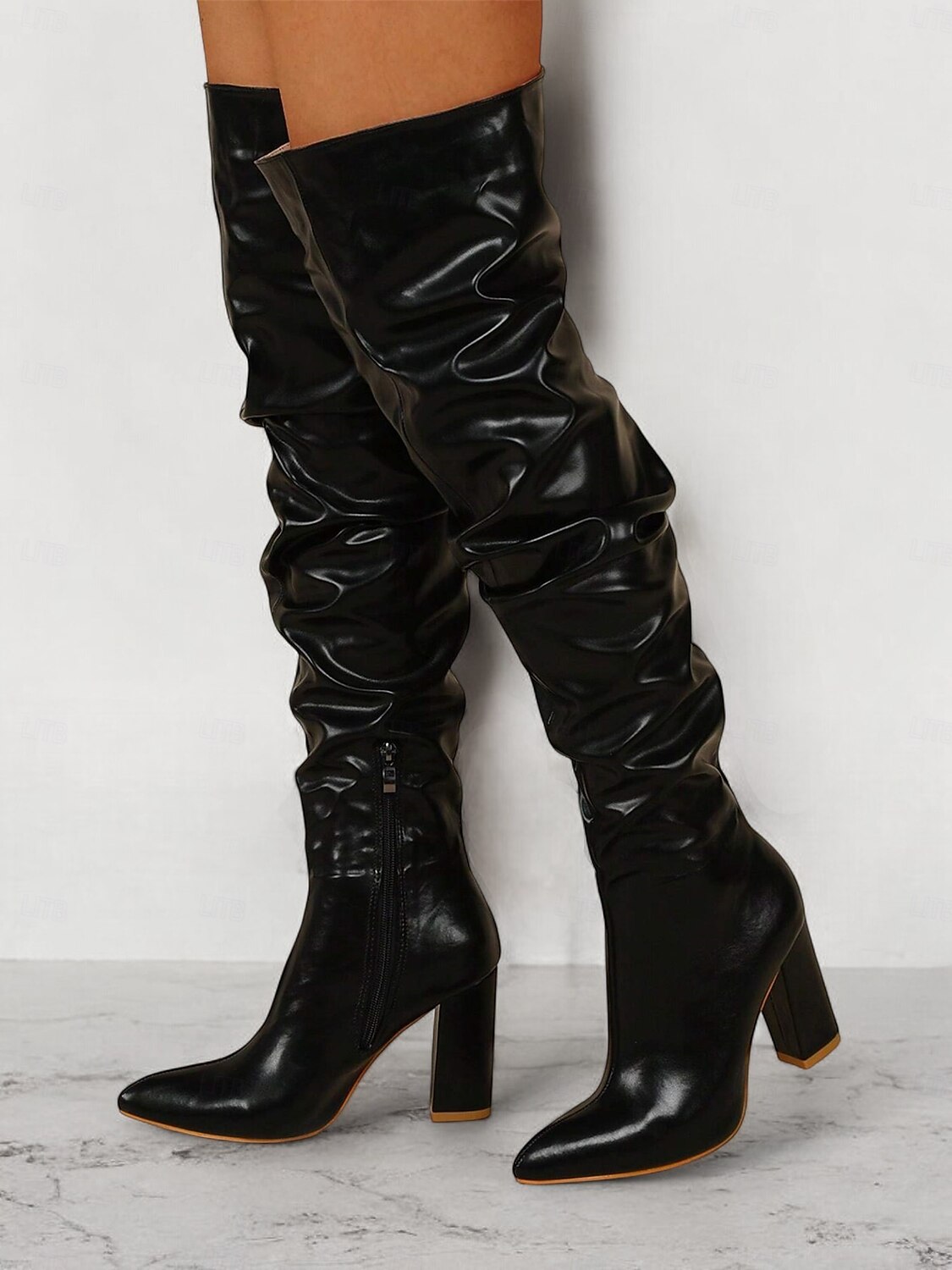 botas femininas pretas largas acima do joelho – bico fino estiloso com salto bloco para moda de inverno e roupas de noite de 2025 por $59.99 –P9
