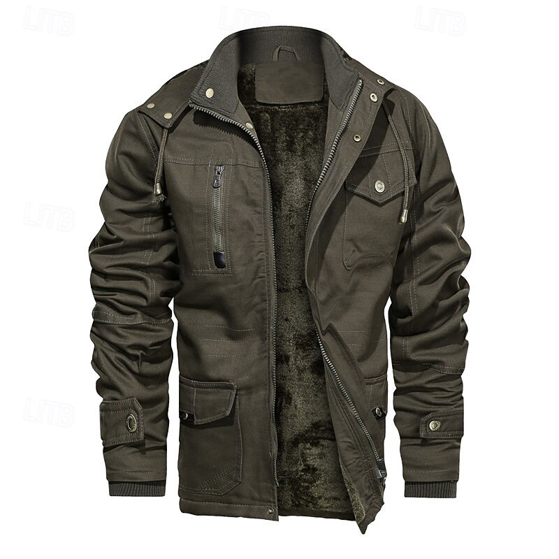 Męskie Kurtka polarowa Kurtka cargo Codzienny Urlop Keep Warm Kieszeń Polar Jesień i zima Równina Moda Moda miejska Kołnierz stawiany Regularny Czarny Khaki Zieleń wojskowa Kurtki 2026 - $87.99 –P1