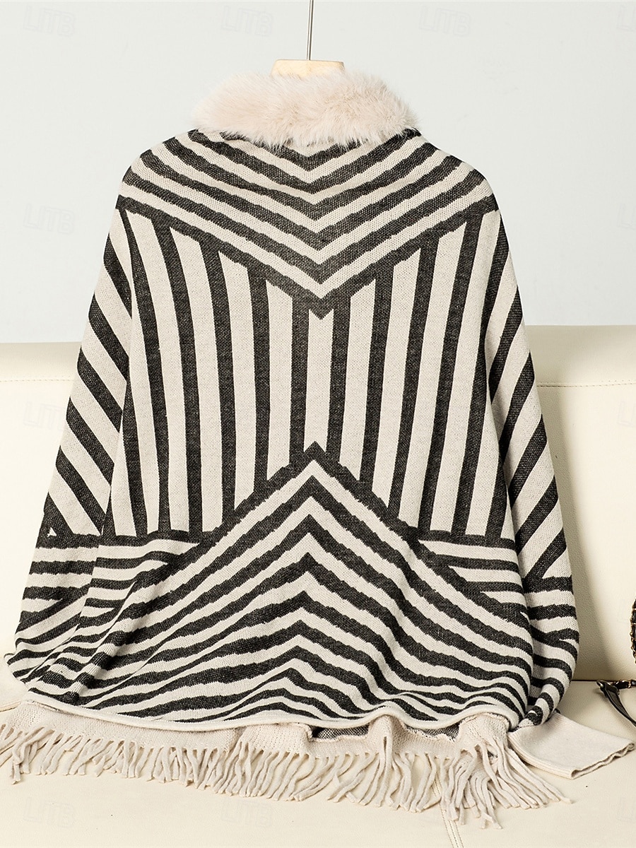 Dame Bolero Fritid Myk Stripet Riflet Crew-hals Strikket Trim i fuskepels Langermet Vanlige topper Strikke utendørs Daglig Helg Vin Aprikos Høst Vinter 2025 - $56.99 –P8