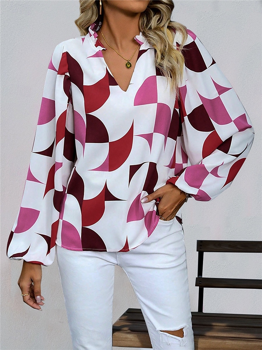 Dames Overhemd Blouse Geometrisch Casual Lange mouw Gekerfde nek Normale tops Dagelijks Afdrukken Zwart Wijn Herfst Winter 2025 - $29.99 –P1