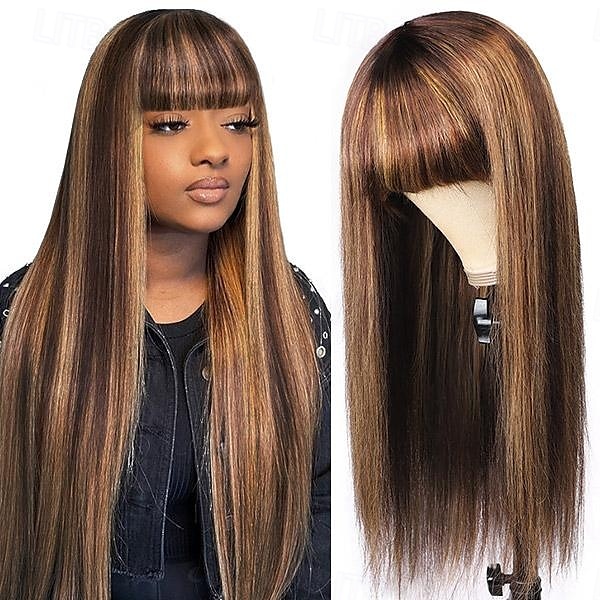 p4/27 evidenzia parrucche di capelli umani lisci con frangia parrucche completamente realizzate a macchina densità 150% del 2025 a $98.99 –P1