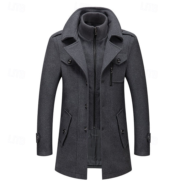 Men's Winter Coat Winter Jacket Trench Coat Fake two piece Wool Pocket Business Casual WorkWear Long Active Vintage Fashion Windproof Warm Winter Solid Colored Black Navy Blue Orange Brown Puffer 2025 - $69.99 –P9
