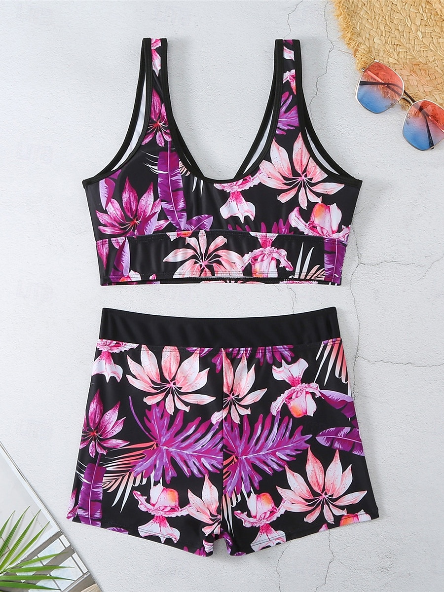 Dam Badkläder Bikini 2 st Pojkeben Baddräkt Öppen rygg Hög midja Smal Semester Standkläder Blommig Löv V-hals Ärmlös Baddräkter 2025 - $25.99 –P14