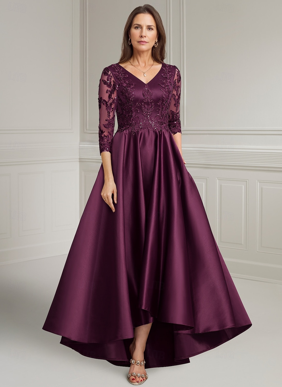 Purple A-Line Mother of the Bride Dress Elegant Vintage V Neck Asymmetrical Satin Long Sleeve with Lace Appliques Solid Color 2025 - $167.99 –P1