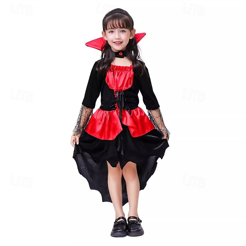 Kids Girls' Dress Color Block halloween custome Long Sleeve Performance Party Patchwork Gothic Costume Polyester Knee-length Casual Dress Summer Spring 4 years+ Red 2025 - $32.99 –P6