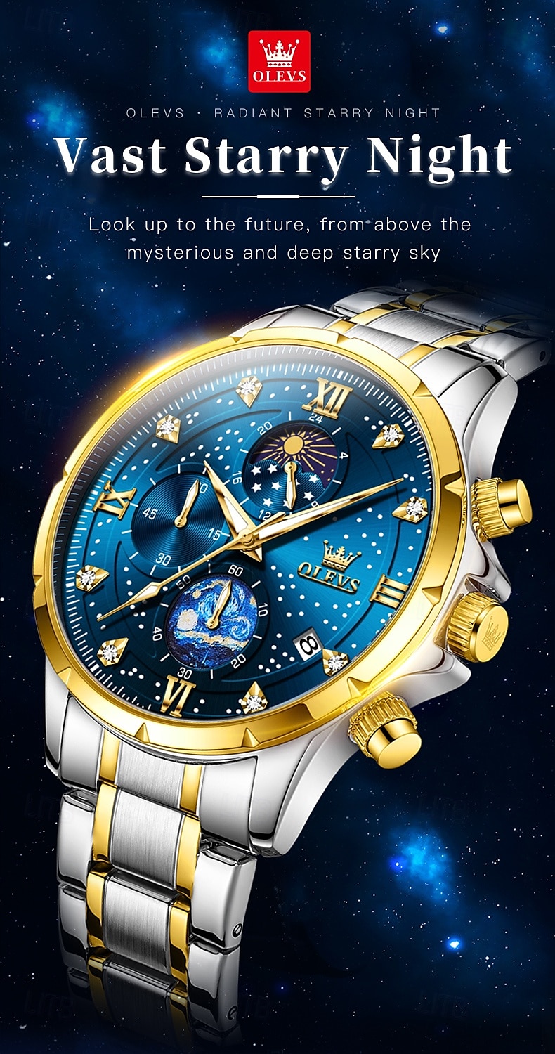 olevs 9807 herenhorloge modetrend multifunctioneel origineel sterrenhemel waterdicht maanfase horloge luxe merk heren quartzhorloge 2025 - $34.99 –P1
