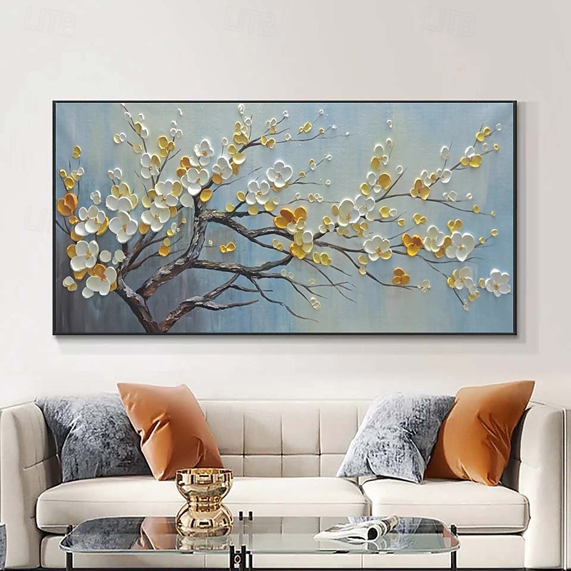 handmåla 3d blomma oljemålning på duk vit körsbärsblomma stor väggkonst palettkniv målning texturerad akrylmålning handgjord konst utan ram 2025 - $116.99 –P1