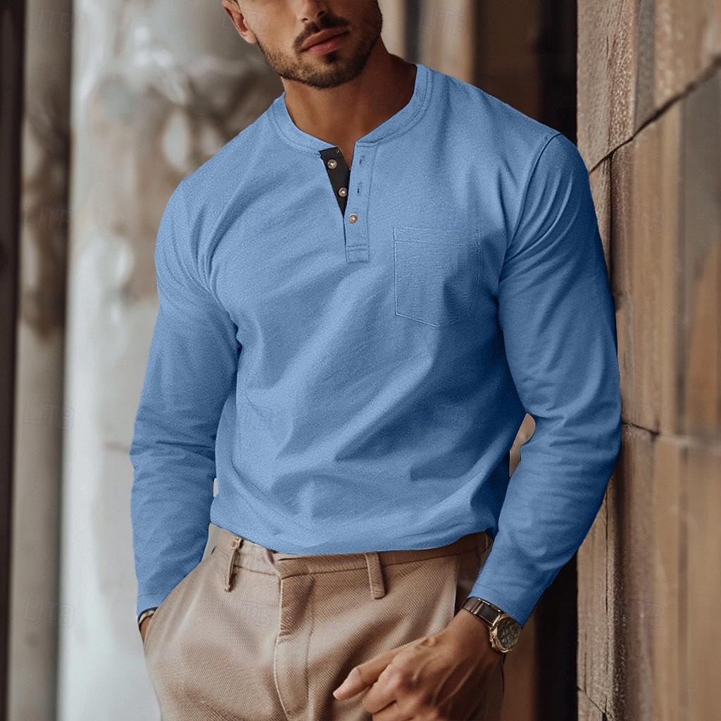 Bărbați Tricou Cămașă Henley Tricouri Tricou cu maneca lunga Simplu Henley Casual Concediu Manșon Lung Buzunar Butonul frontal Îmbrăcăminte Bumbac Modă Designer Comfortabil Esențiale 2025 - $21.99 –P2