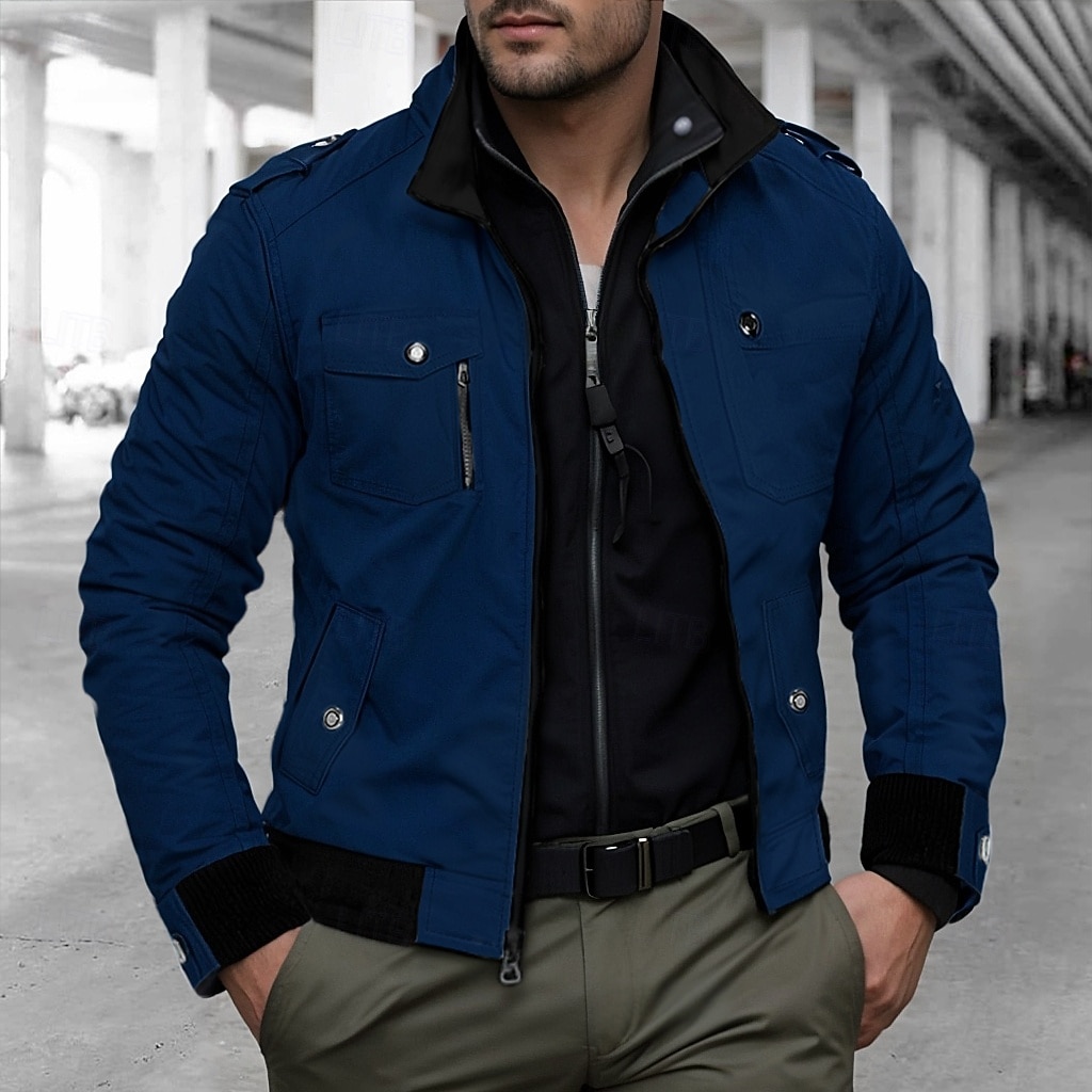 Men's Trucker Jacket Bomber Jacket Casual Jacket Work Jacket Outdoor Daily Wear Wearable Pocket Spring &  Fall Plain Fashion Streetwear Standing Collar Short Black Burgundy Navy Blue Khaki Army Green 2026 - $42.99 –P1