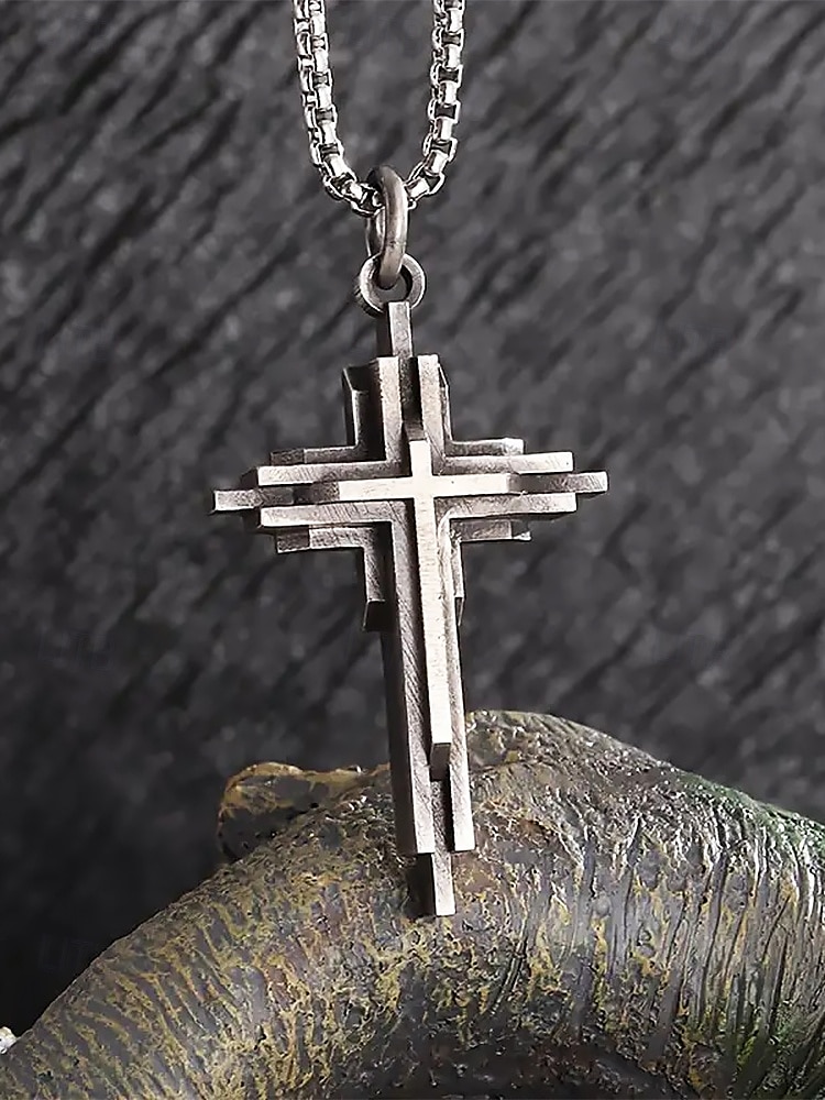collana con ciondolo a croce a strati in acciaio inossidabile da uomo - gioielli religiosi in stile gotico per abbigliamento casual e formale del 2025 a $11.99 –P1