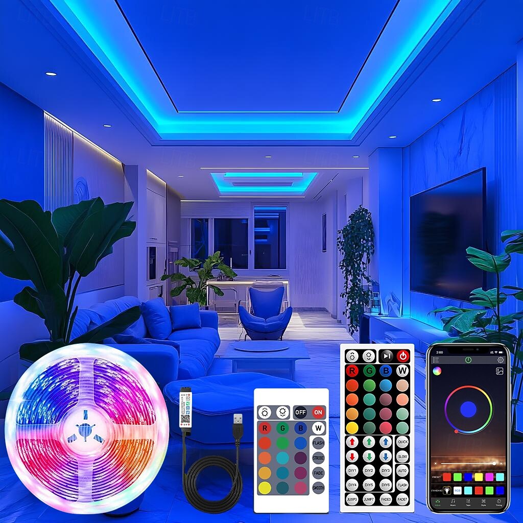 Bande lumineuse LED étanche avec télécommande, bandes lumineuses USB RVB multicolores, synchronisation de la musique Bluetooth, changement de couleur pour le rétroéclairage du téléviseur, la chambre, la cuisine, la fête et la décoration extérieure de 2025 ? $12.99 -P6