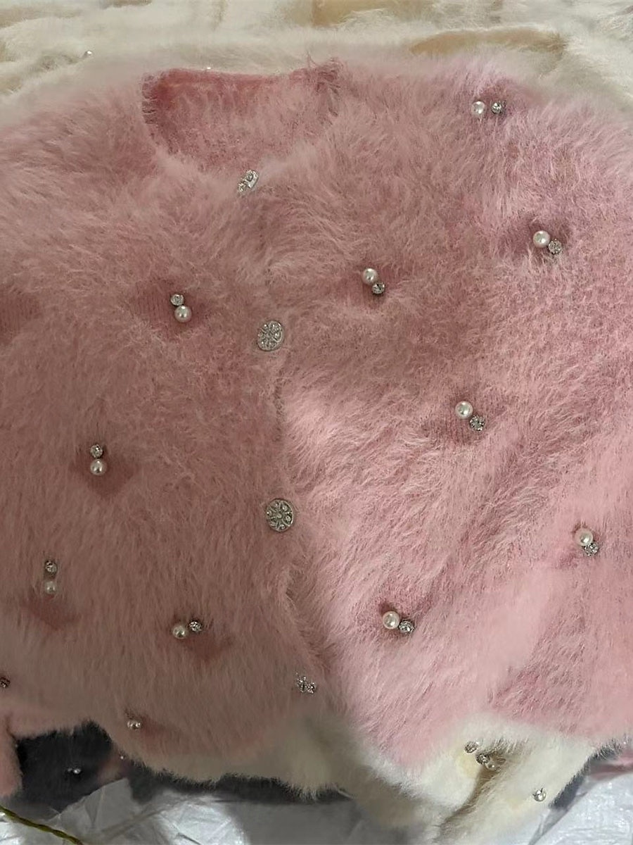pull femme cardigan flou col en V tricot côtelé perlé automne hiver quotidien week-end décontracté doux manches longues couleur pure rose abricot de 2025 ? $41.99 –P2