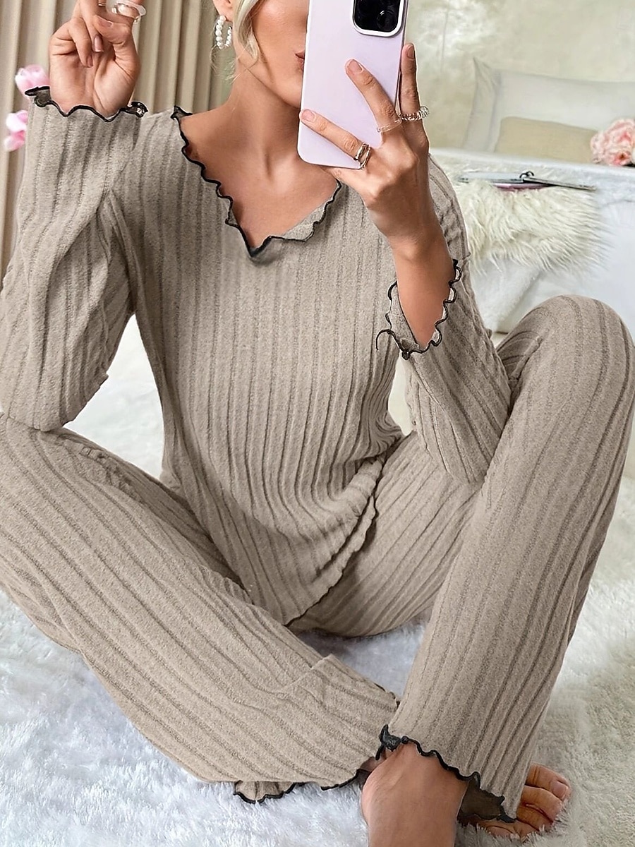 Women's Pajama Set Pure Color Casual Comfort Home Daily Comfort Warm V Neck Long Sleeve T shirt Pant Elastic Waist Fall Winter Home Outfits 2025 - $31.99 –P1