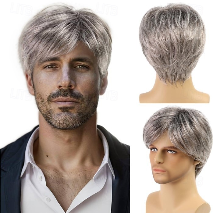heren korte pruik krullend met pony pruik kort bruin grijs blond synthetisch haar dames blond bruin grijs 2025 - $15.99 –P2