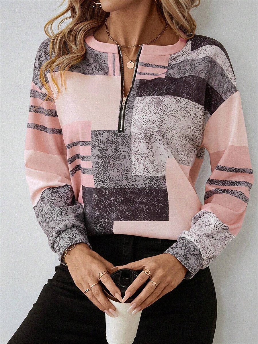 Pull à fermeture éclair pour femmes à carreaux vêtements de rue quotidien imprimé décontracté col rond à manches longues micro-élastique automne hiver confort respirant tissu doux de 2025 ? $27.99 –P1