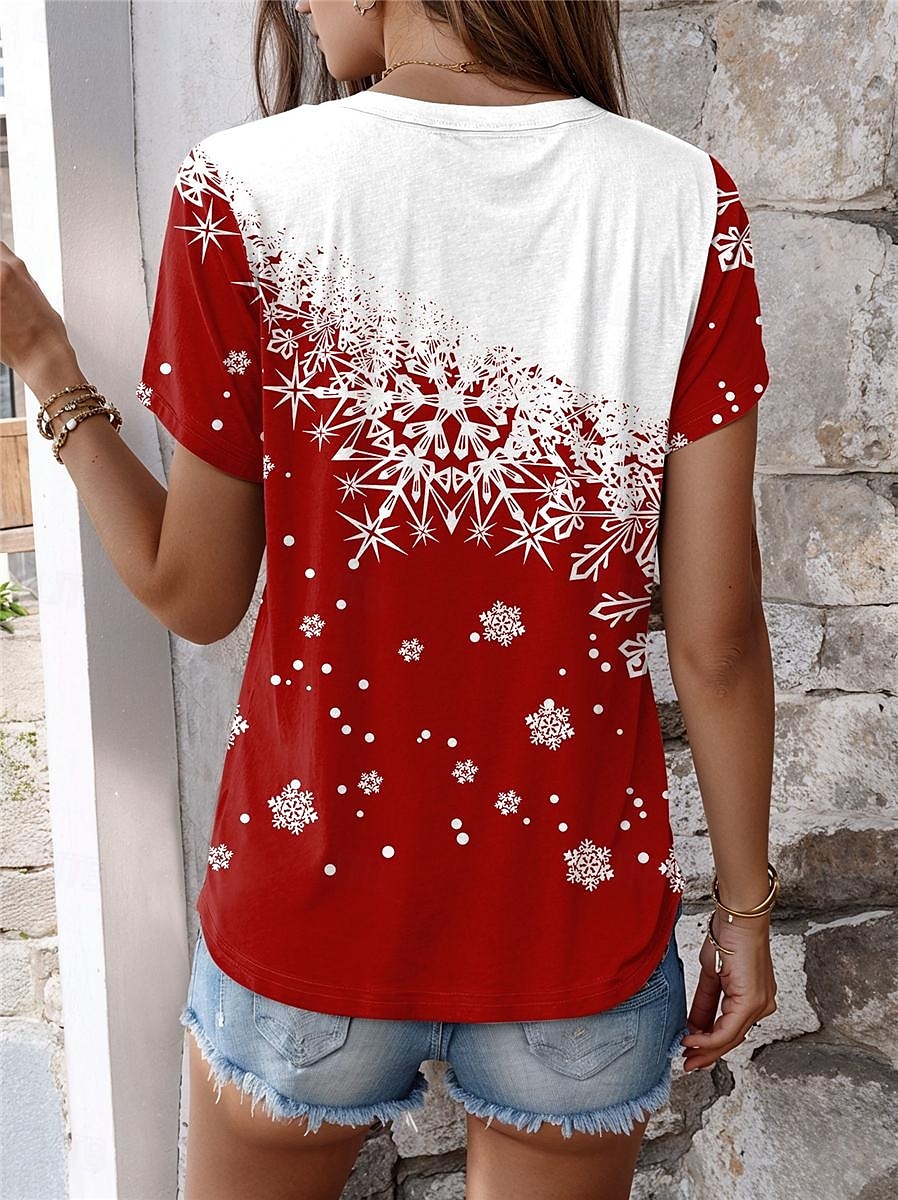 Camiseta de mujer con estampado de copos de nieve en degradado manga corta cuello redondo top casual de verano rojo y blanco ajuste cómodo para uso diario moda de vacaciones 2025 - $19.99 –P2