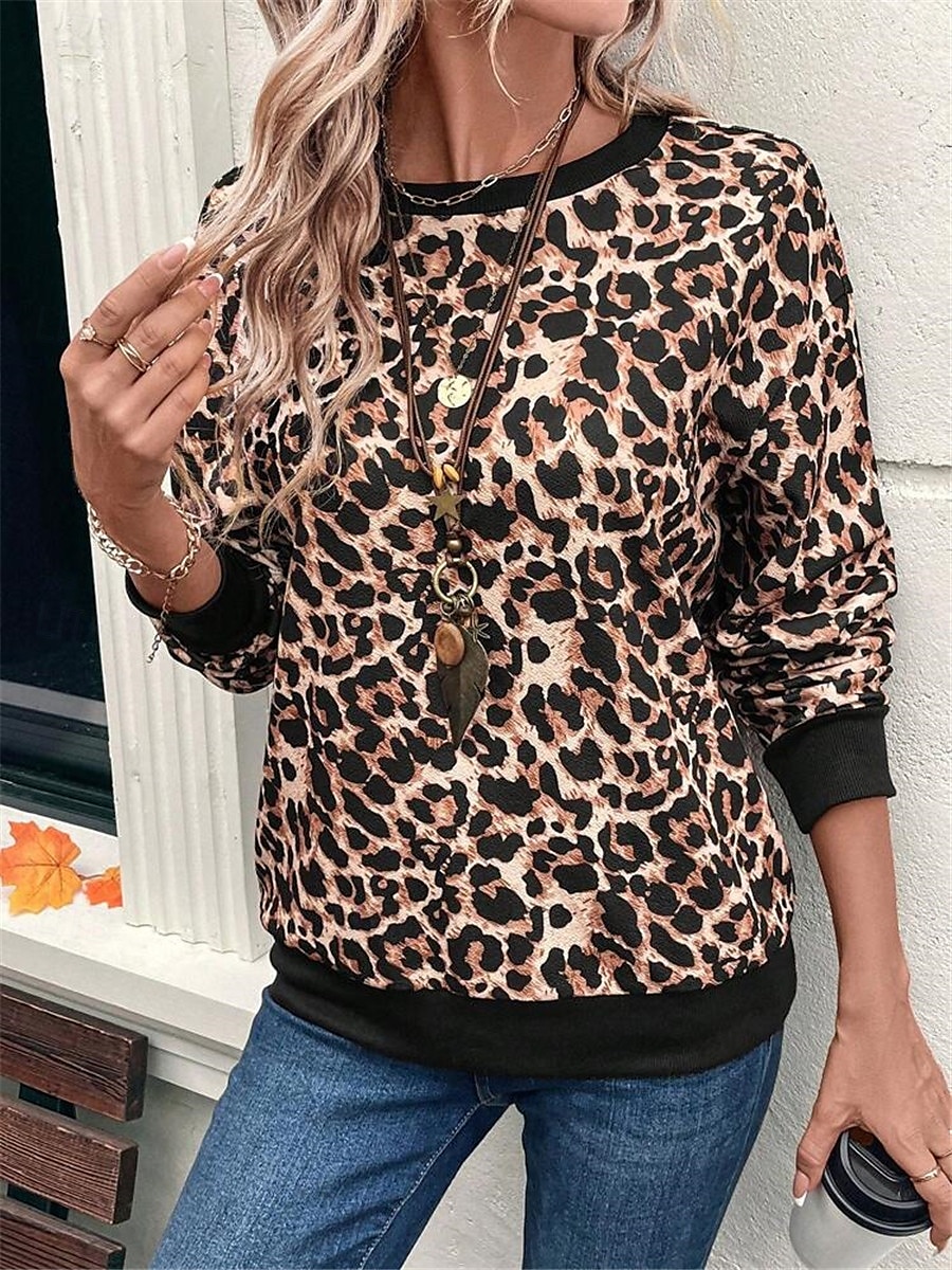 dámská mikina leopard street denní nošení potisk ležérní posádka výstřih dlouhý rukáv mikroelastický podzimní zimní komfrt prodyšná měkká tkanina 2025 - $24.99 –P1