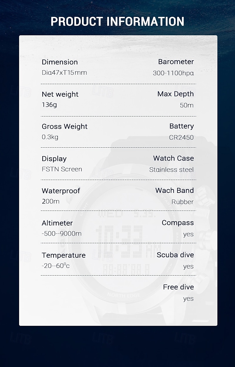 NORTH EDGE Men's Professional Diving Computer Watch Free/Scuba Diving 50M Dive Watches Altimeter Barometer Compass Digital Clock 2025 - $146.99 –P11