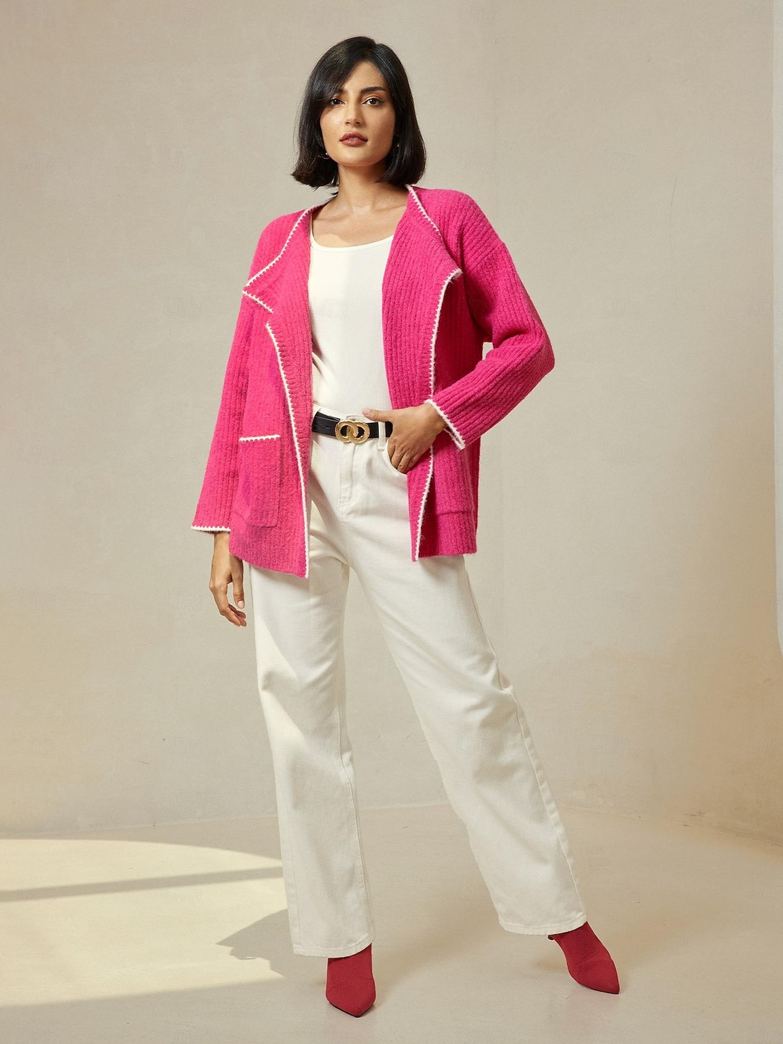 Dam Kofta Nedvikt Ribbad Sticka Ullblandning Färgblock Drop Shoulder Höst vinter Ledigt / vardag Ledigt vardag Långärmad Kontrastfärg Rosenröd S M L 2025 - $9.99 –P7