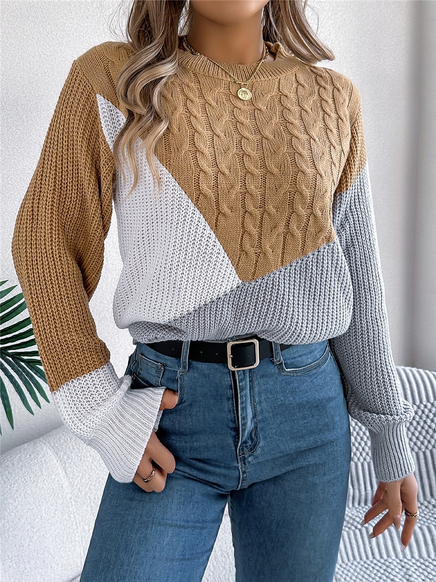 Dame Genser Pullover genser Fritid Myk Fargeblokk Riflet Crew-hals Lapper Strikket Langermet Vanlige topper Strikke utendørs Daglig Helg Svart Rosa Høst Vinter 2025 - $29.99 –P15