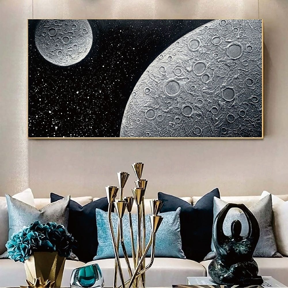 Peinture texturée blanche et noire peinte à la main, surdimensionnée, 3D, abstraite, au clair de lune, grande peinture minimaliste texturée noire et blanche pour décoration murale de salon, de chambre de 2025 ? $75.99 –P2