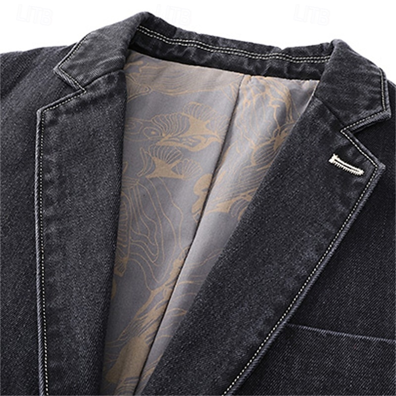 Herr Kavaj Jeansjacka Ledigt Dagliga kläder Semester Mode Ledigt Vår & Höst Polyester Denim Knapp Ficka Bekväm Enkelknäppt Blazer Svart Grå 2025 - $80.99 –P5